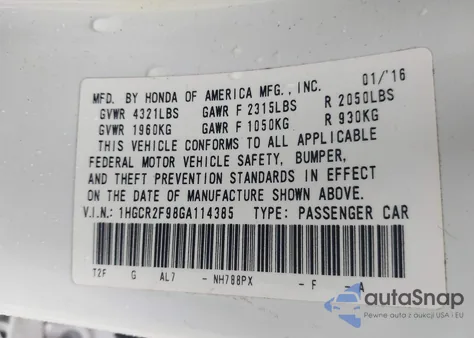 2016 Honda Accord Ex-L из США, поврежденный, VIN 1HGCR2F98GA114385